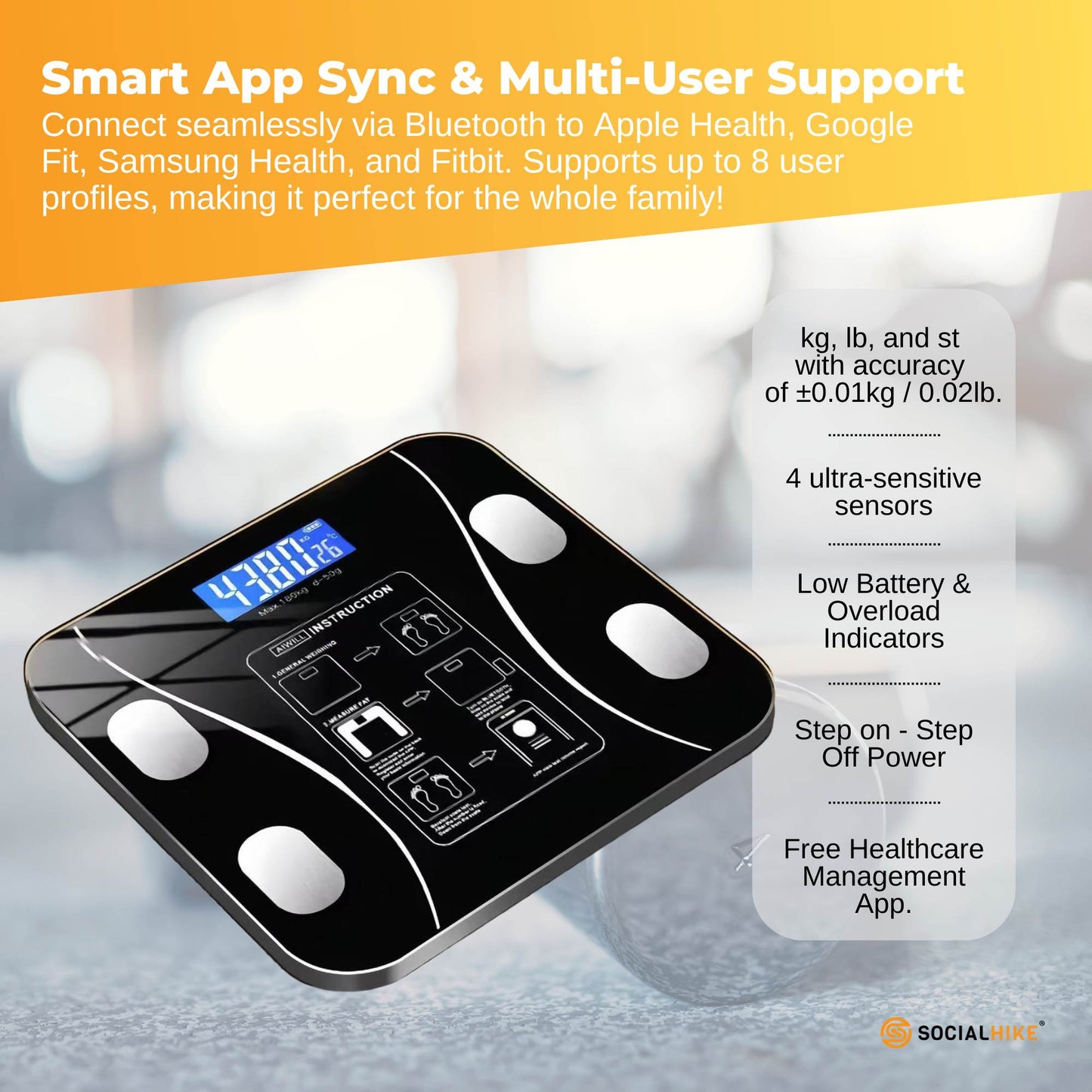 Black Bluetooth smart body fat scale by Hlpmedical showing digital BMI, weight, and USB recharge port for home bathroom use.