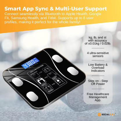 Black Bluetooth smart body fat scale by Hlpmedical showing digital BMI, weight, and USB recharge port for home bathroom use.
