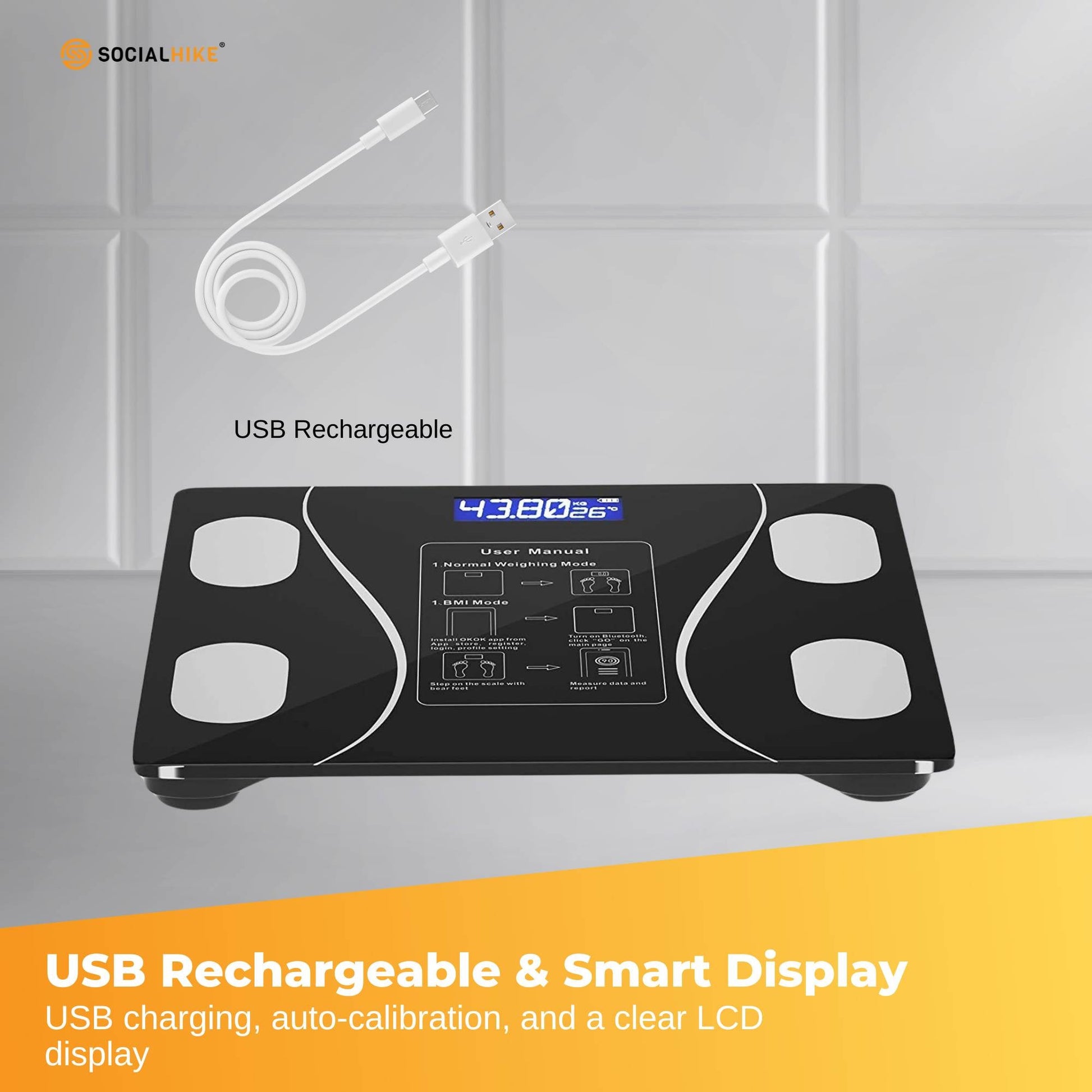 Black Bluetooth smart body fat scale by Hlpmedical showing digital display and USB charging port for BMI, weight, and body fat measurement.