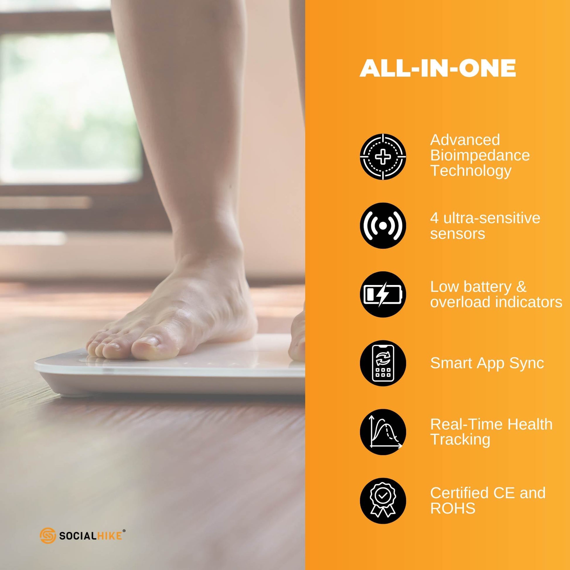 Black Bluetooth Smart Body Fat Scale by Hlpmedical showing digital display, BMI, weight, and USB charging port in a bathroom setting.