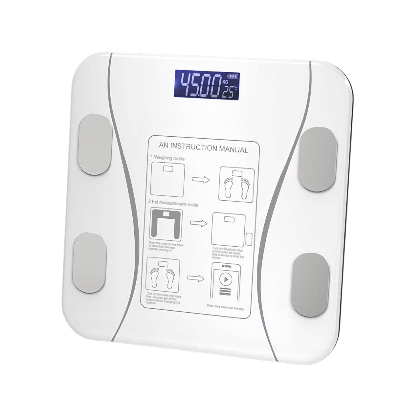 White Bluetooth smart body fat scale by Hlpmedical showing digital BMI, weight, and USB charging port for app tracking.