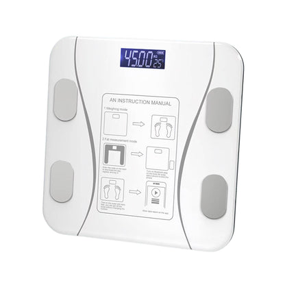 White Bluetooth smart body fat scale by Hlpmedical showing digital BMI, weight, and USB charging port for app tracking.