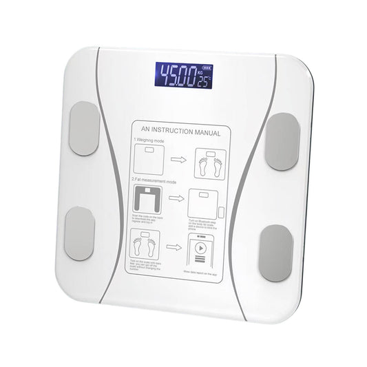 White Bluetooth smart body fat scale by Hlpmedical showing digital BMI, weight, and USB charging port for app tracking.