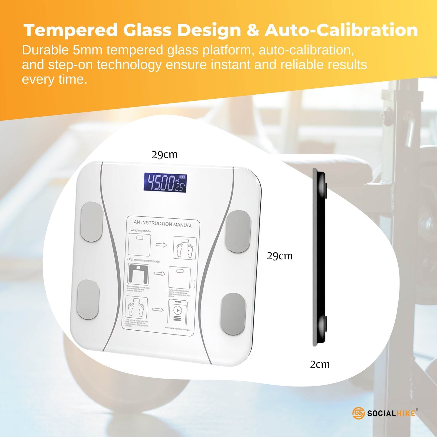 White Bluetooth Smart Body Fat Scale by Hlpmedical, digital BMI bathroom scale with USB recharge and app connectivity.