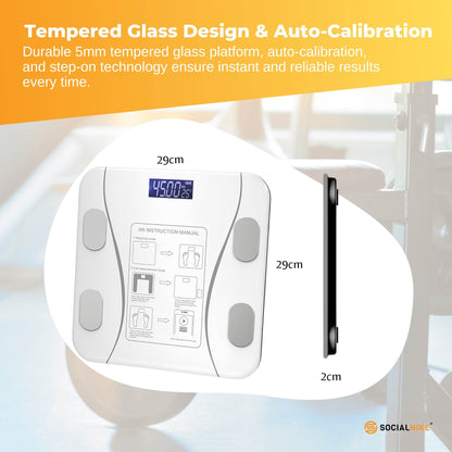 White Bluetooth Smart Body Fat Scale by Hlpmedical, digital BMI bathroom scale with USB recharge and app connectivity.