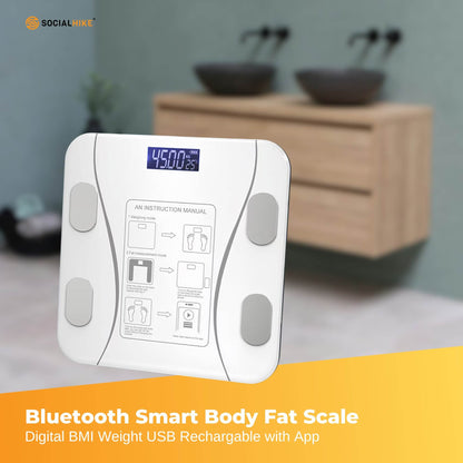 Hlpmedical Bluetooth Smart Body Fat Scale in white showing digital BMI, weight, and app connectivity on a bathroom floor.