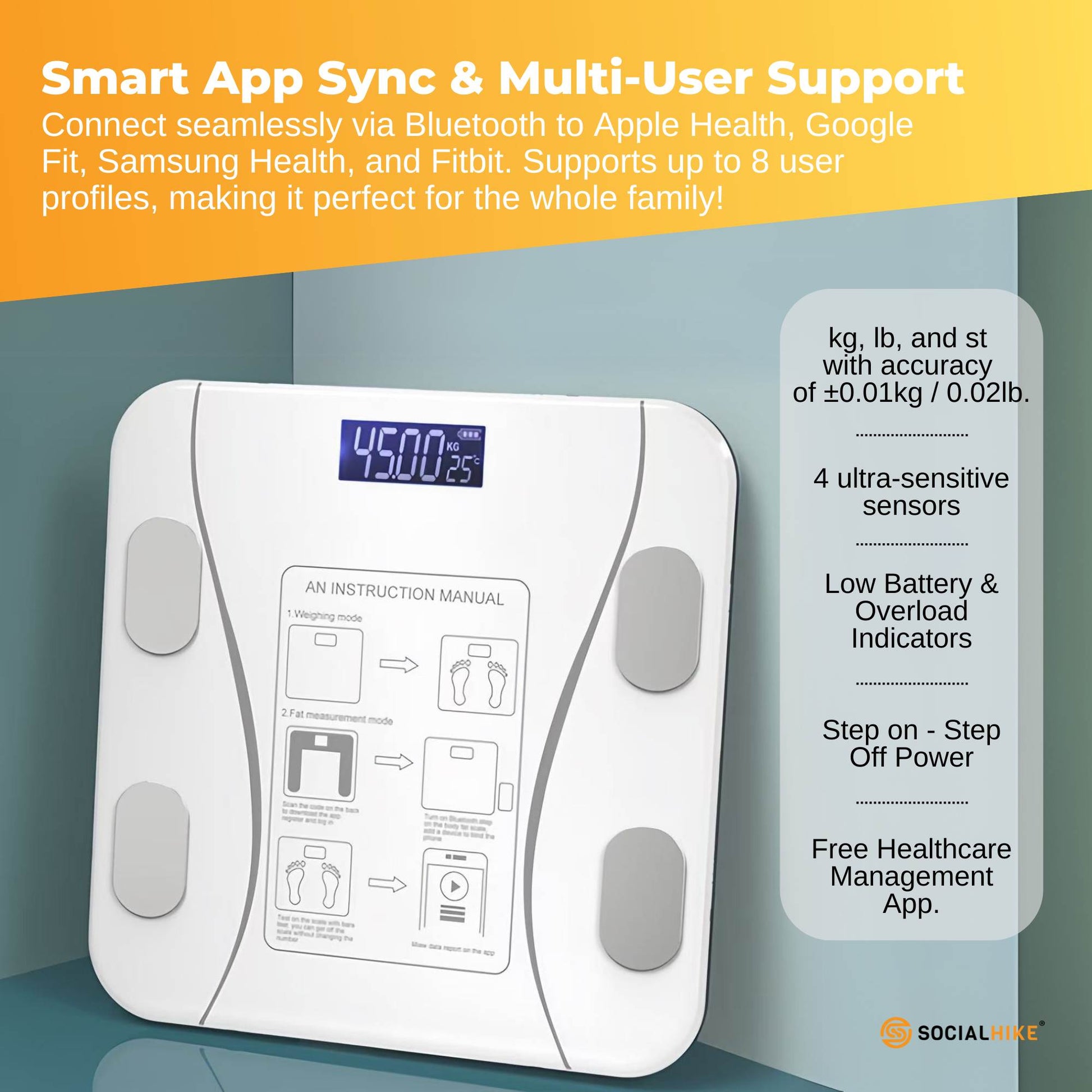 White Bluetooth smart body fat scale by Hlpmedical showing digital BMI, weight, and USB charging port for home bathroom use.
