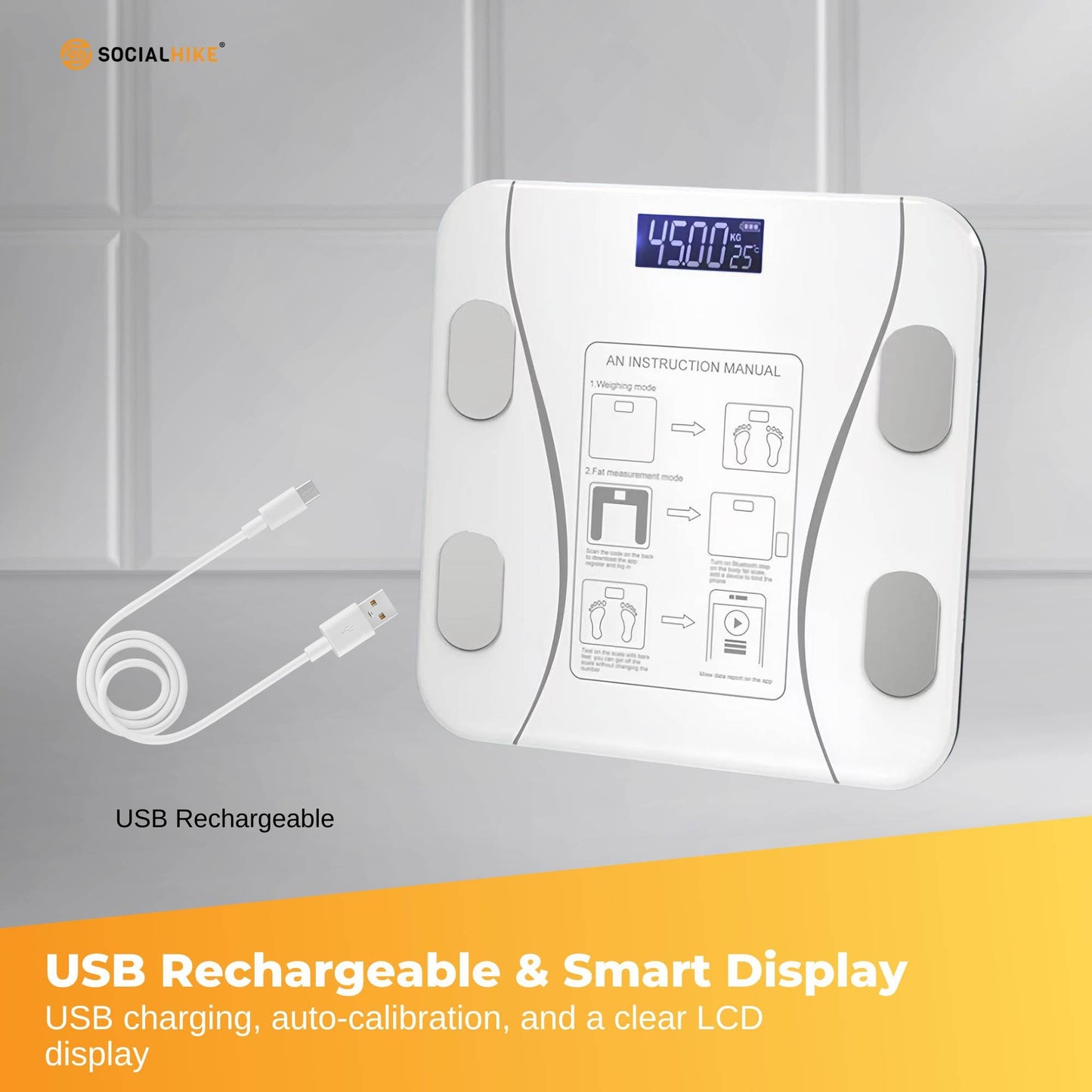 White Bluetooth Smart Body Fat Scale by Hlpmedical showing digital display of BMI and weight on a bathroom surface.