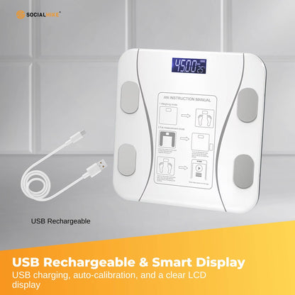 White Bluetooth Smart Body Fat Scale by Hlpmedical showing digital display of BMI and weight on a bathroom surface.