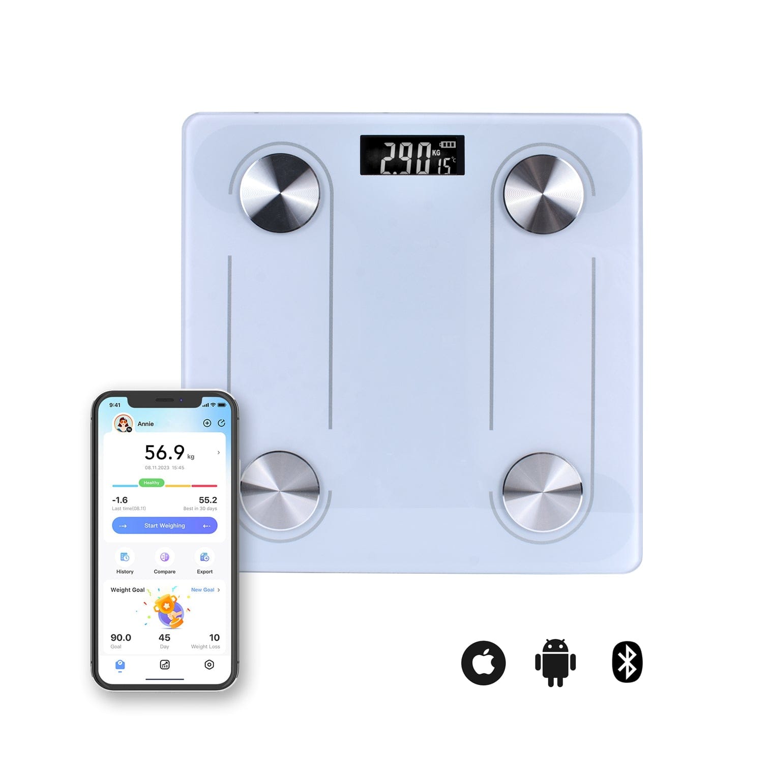 Hlpmedical Clevinger Bluetooth digital glass bathroom scale displaying weight measurement with max capacity 180kg.