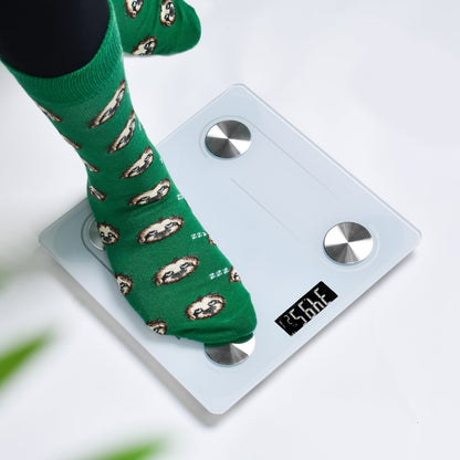 Hlpmedical Clevinger Bluetooth digital glass bathroom scale displaying weight measurement with max capacity of 180kg.