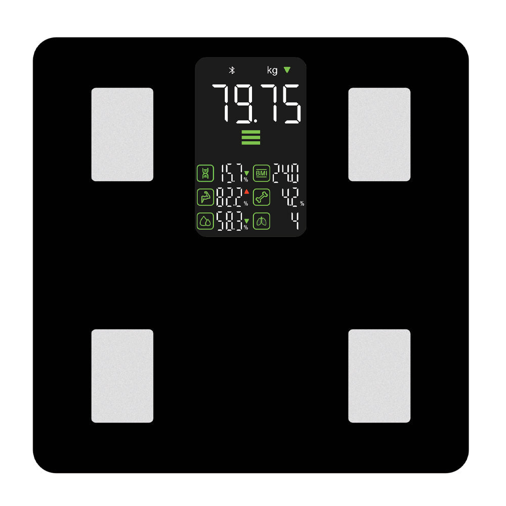 Hlpmedical HALO Bluetooth Smart Display Body Scale showing digital weight display on sleek bathroom scale