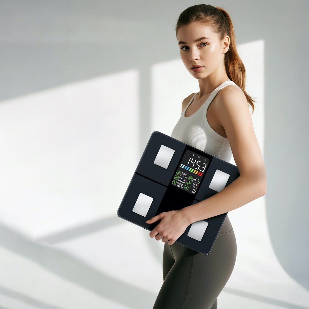 Hlpmedical HALO Bluetooth Smart Display Body Scale showing digital readout and sleek design for accurate weight measurement.