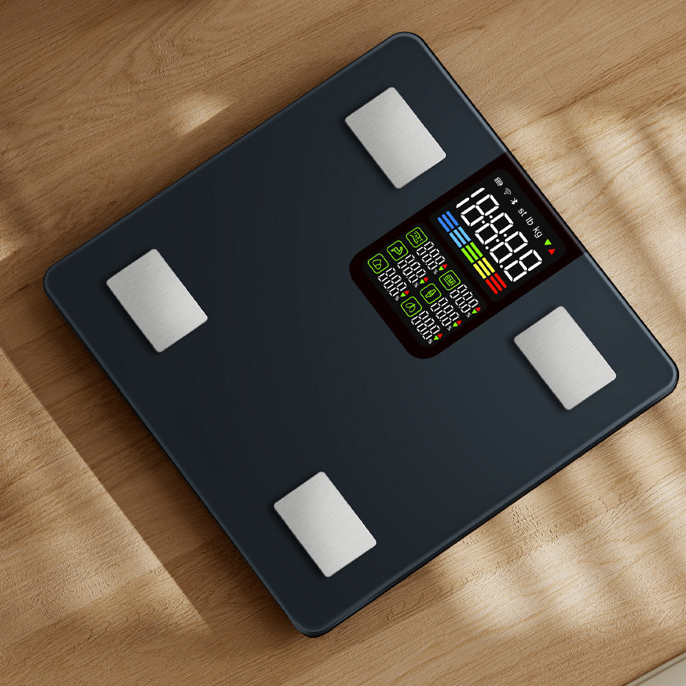 HLPMedical Halo Bluetooth smart display body scale showing digital readout, modern design, and sleek black surface for bathroom use.