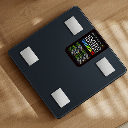 HLPMedical Halo Bluetooth smart display body scale showing digital readout, modern design, and sleek black surface for bathroom use.