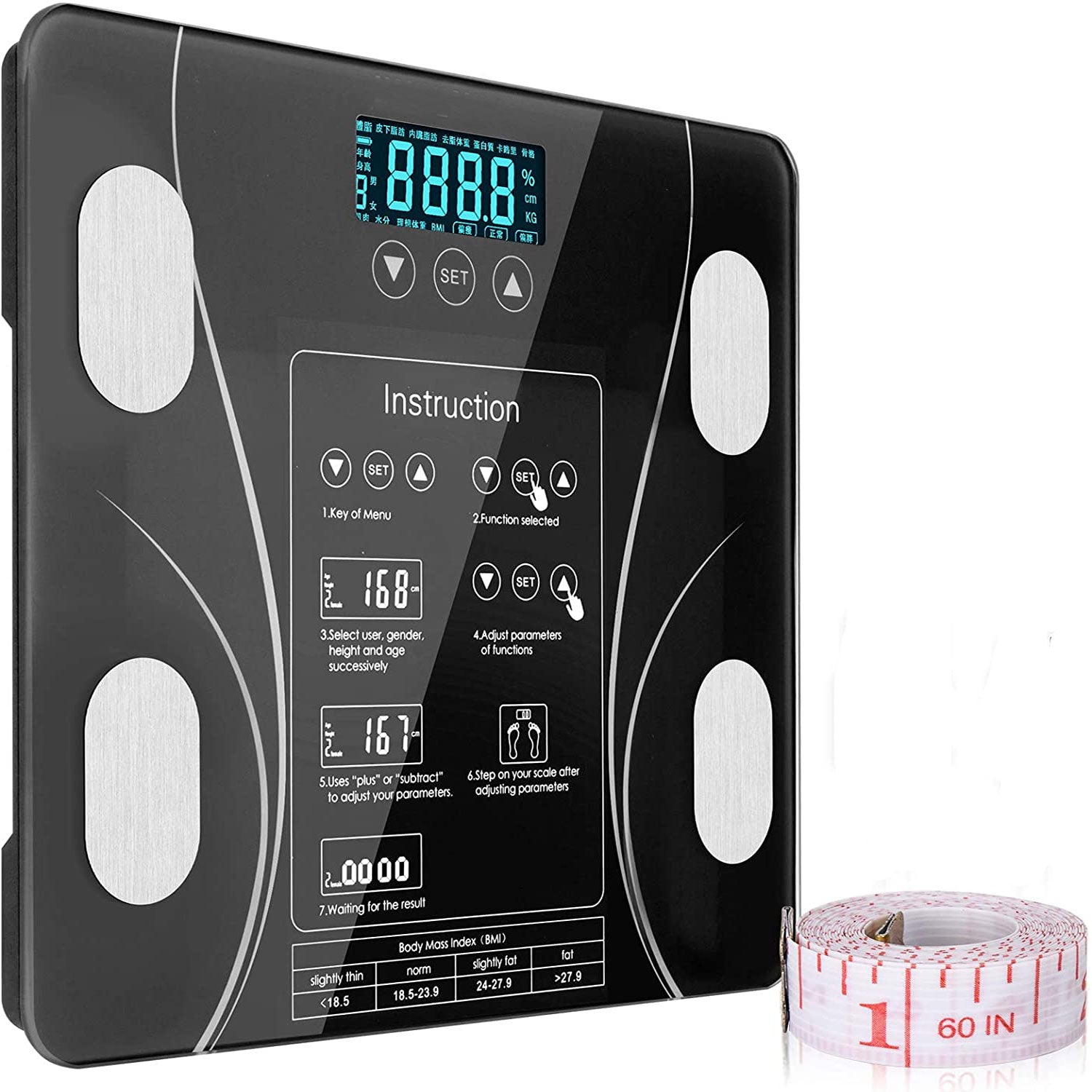 Hlpmedical LCD bathroom scale displaying body weight, body fat, BMI, and BMR for home fitness and health tracking.