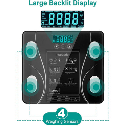 Hlpmedical LCD bathroom scale displaying body weight, body fat, BMI, and BMR readings on a sleek digital screen.