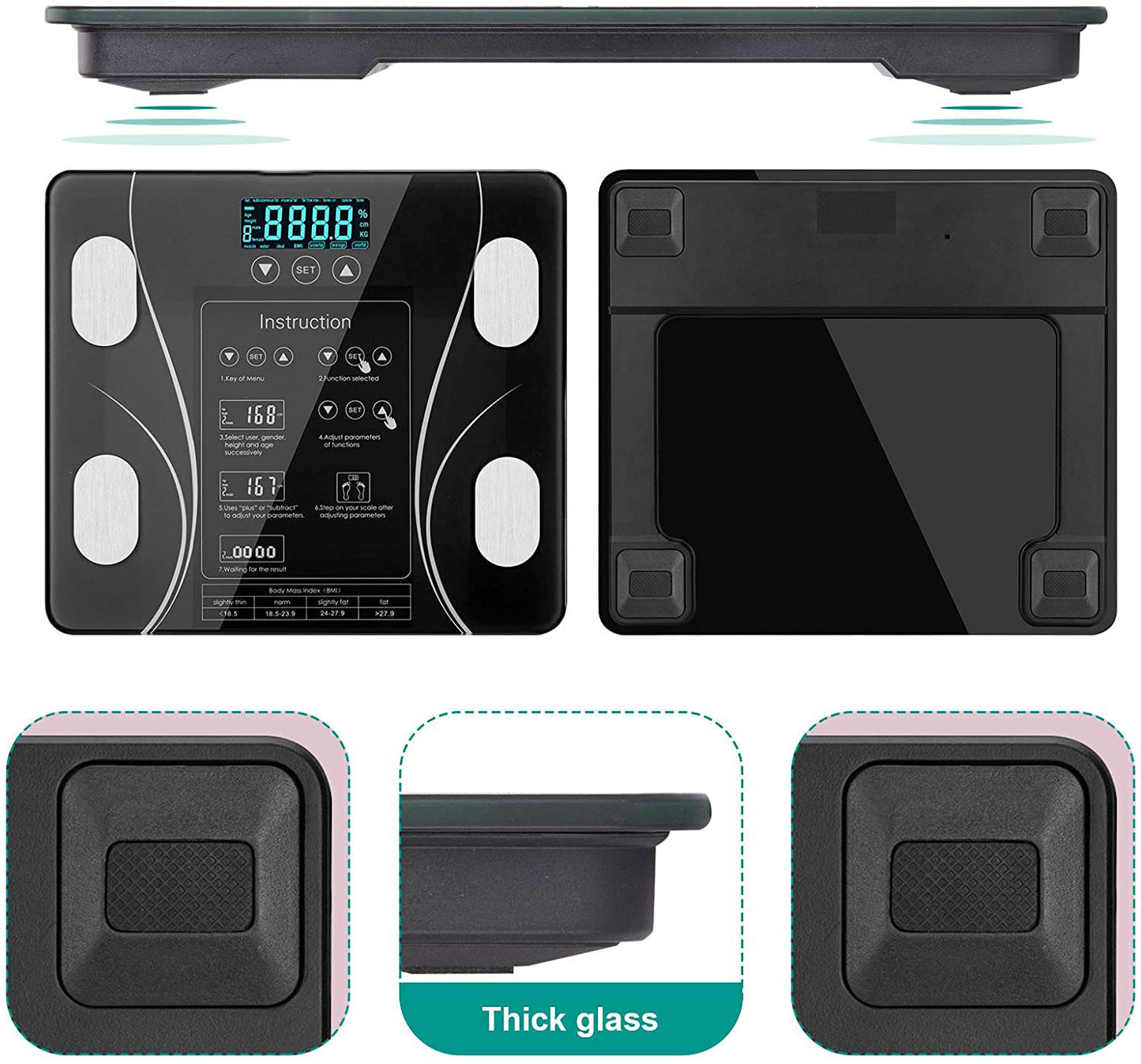 Hlpmedical LCD bathroom scale displaying body weight, body fat, BMI, and BMR readings in a home gym environment.