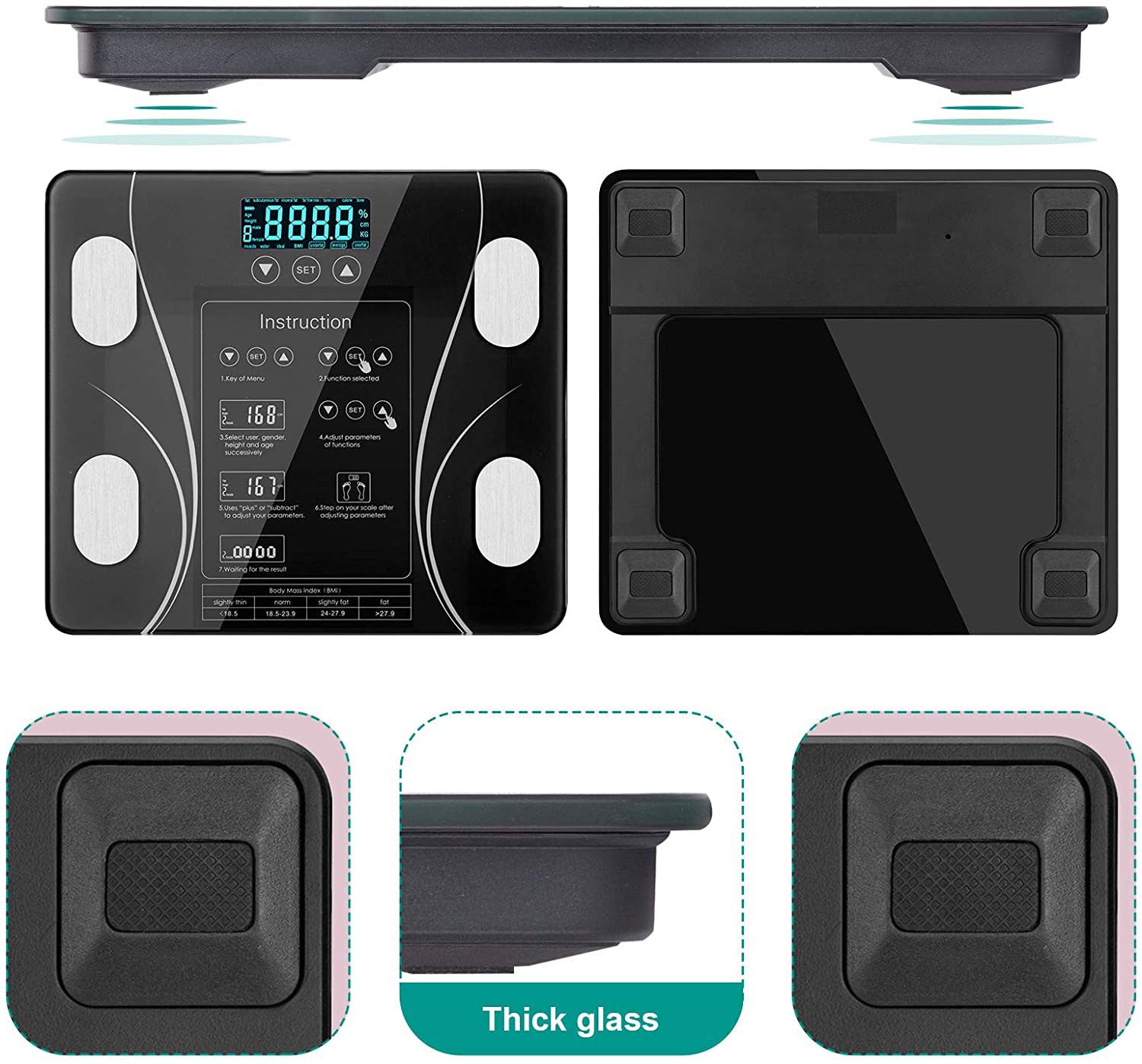 Hlpmedical LCD bathroom scale displaying body weight, body fat, BMI, and BMR readings in a home gym environment.