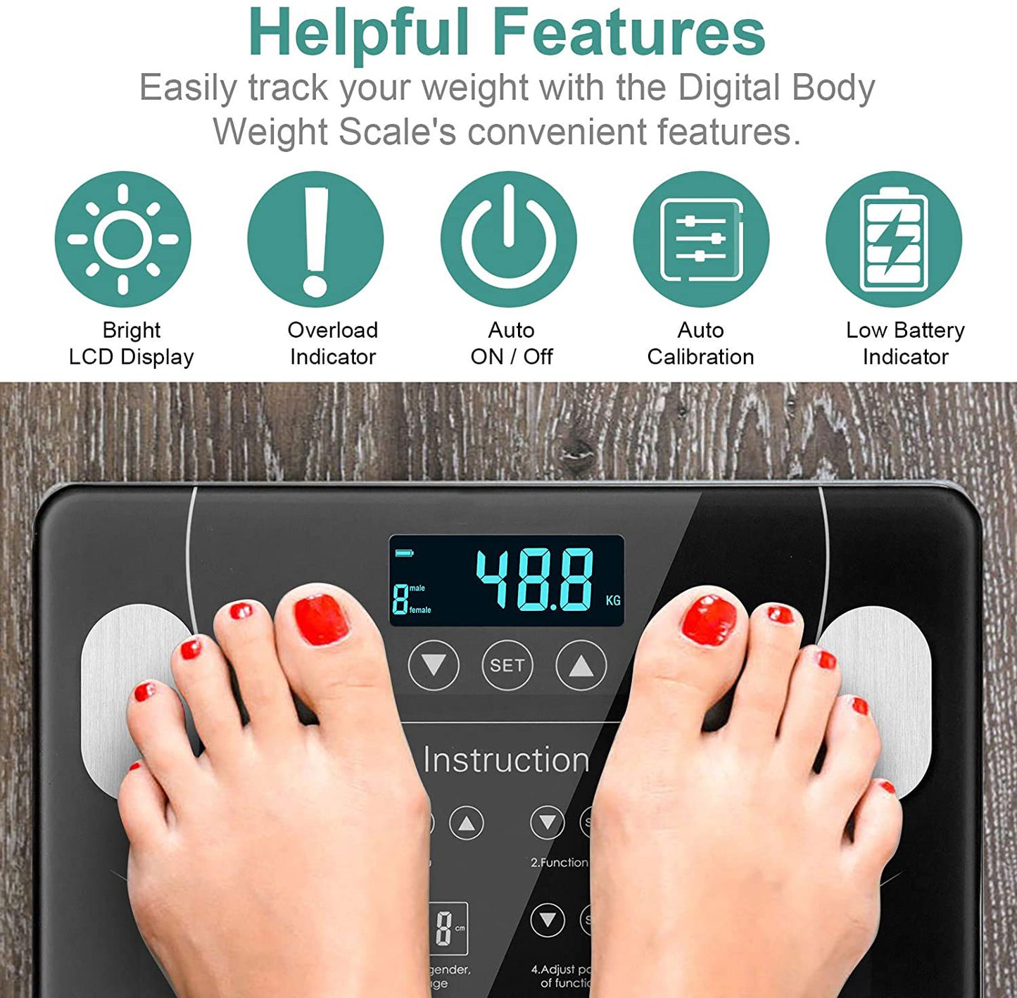 Hlpmedical LCD bathroom scale displaying body weight, body fat, BMI, and BMR for home gym and fitness use.