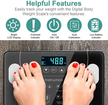 Hlpmedical LCD bathroom scale displaying body weight, body fat, BMI, and BMR for home gym and fitness use.