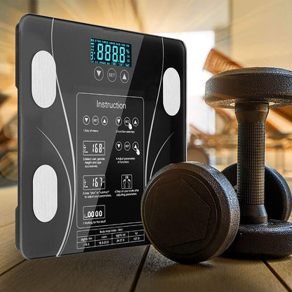 Hlpmedical LCD bathroom scale displaying body weight, body fat, BMI, and BMR readings for home gym and fitness use.