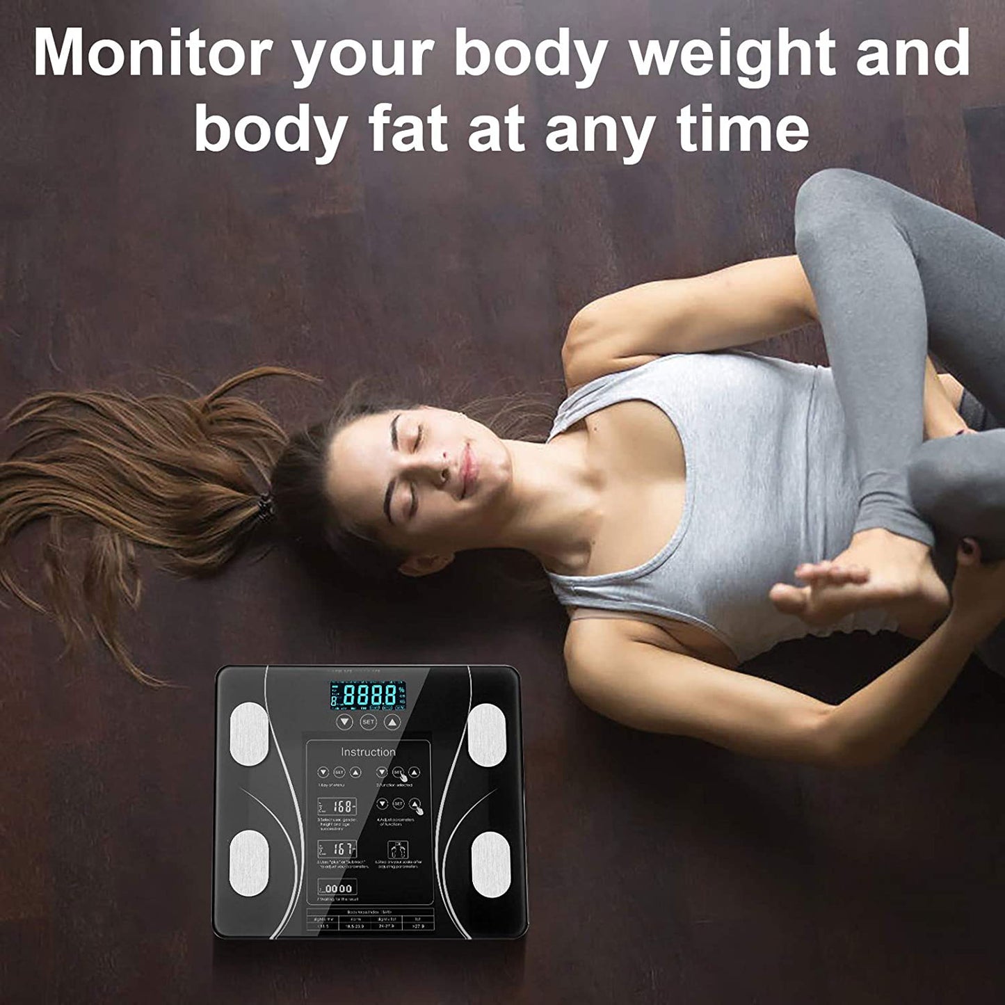 Hlpmedical LCD bathroom scale displays body weight, body fat, BMI, and BMR for fitness and health tracking at home.