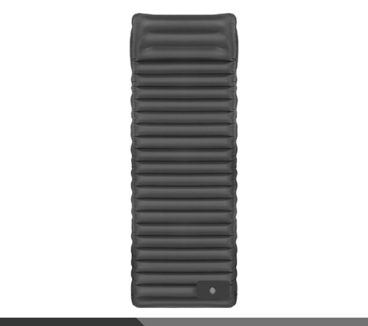 Black and grey portable self-inflatable camping air mattress by Hlpmedical, foldable TPU sleeping pad for outdoor recreation.