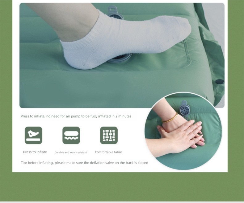 Black and grey portable self-inflatable air mattress for outdoor camping, beach, or picnic, made of foldable TPU material by Hlpmedical.