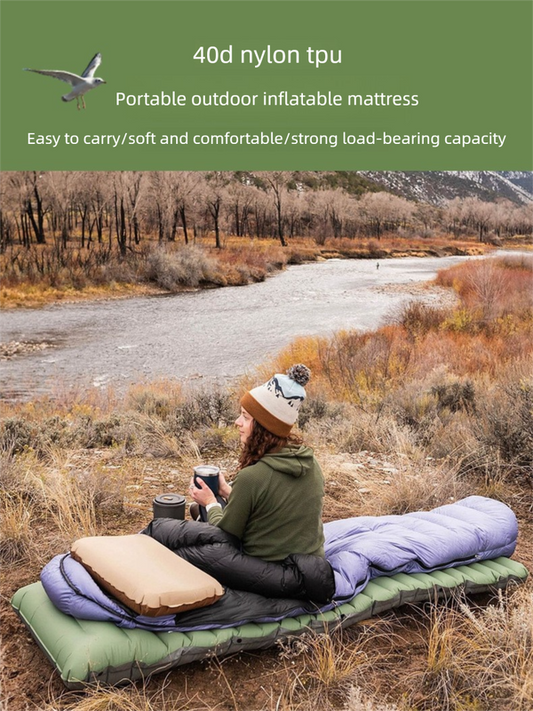 Hlpmedical outdoor camping self-inflatable air mattress in green and grey, portable foam foot press sleeping pad for beach and picnic.
