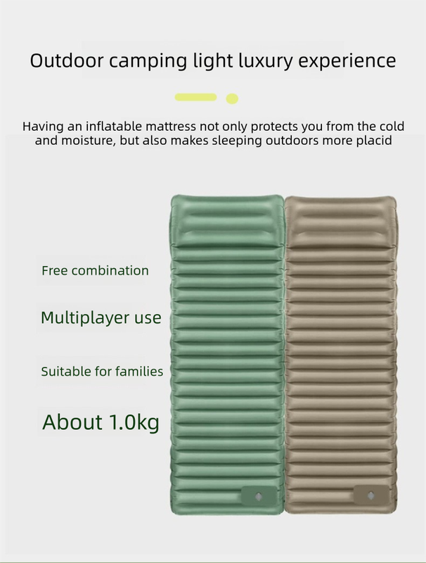 Green and grey portable self-inflatable camping air mattress by Hlpmedical, foldable TPU sleeping pad for outdoor recreation and beach picnics.