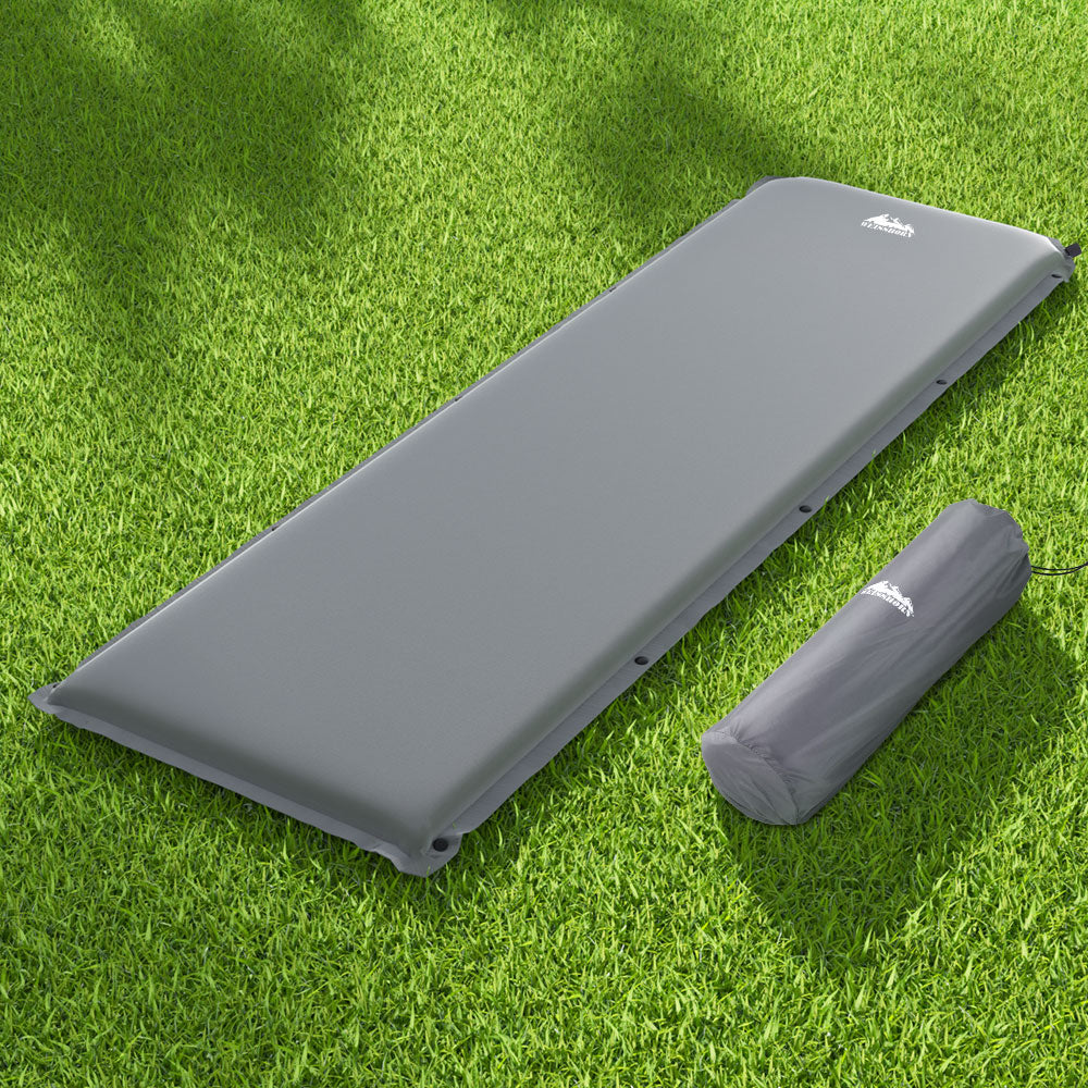 Gray Weisshorn self-inflating camping mattress for outdoor sleeping, lightweight air bed pad for outdoor recreation and camping.