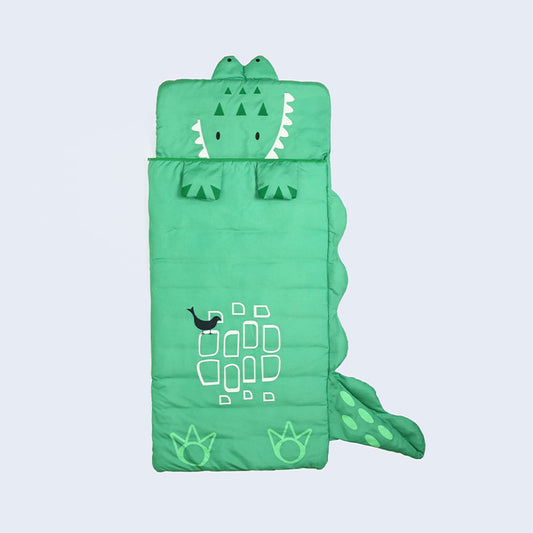 Children's sleeping bag in green with cartoon designs, soft and warm, ideal for camping and outdoor recreation by Hlpmedical.