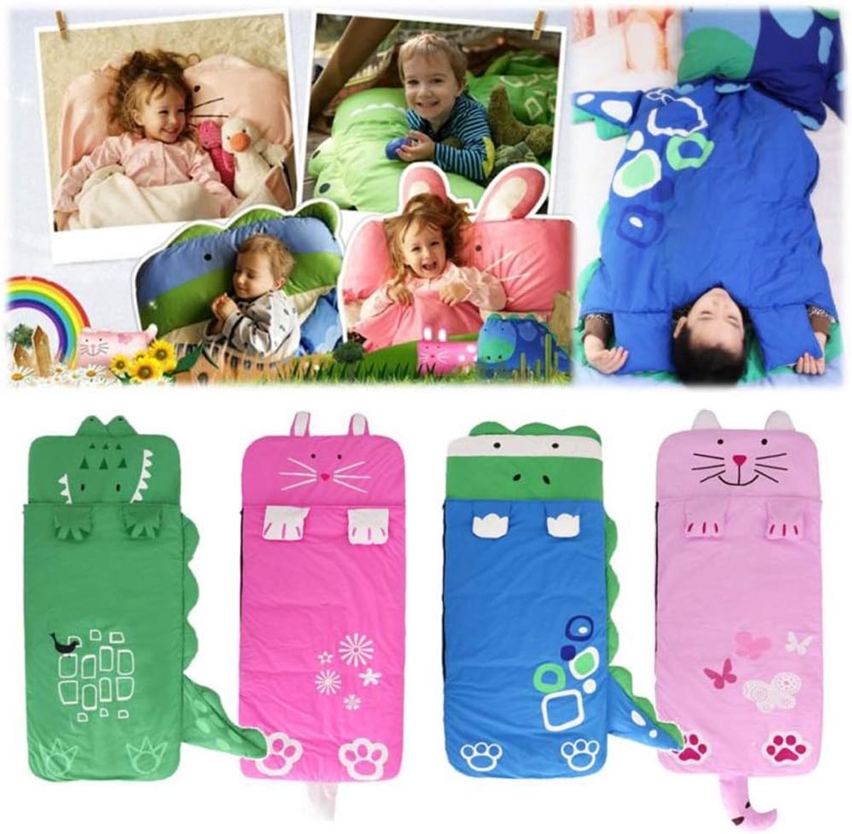 Children's sleeping bag by Hlpmedical, 160x60cm, soft warm green sleeping bag with cartoon print for camping and outdoor recreation.