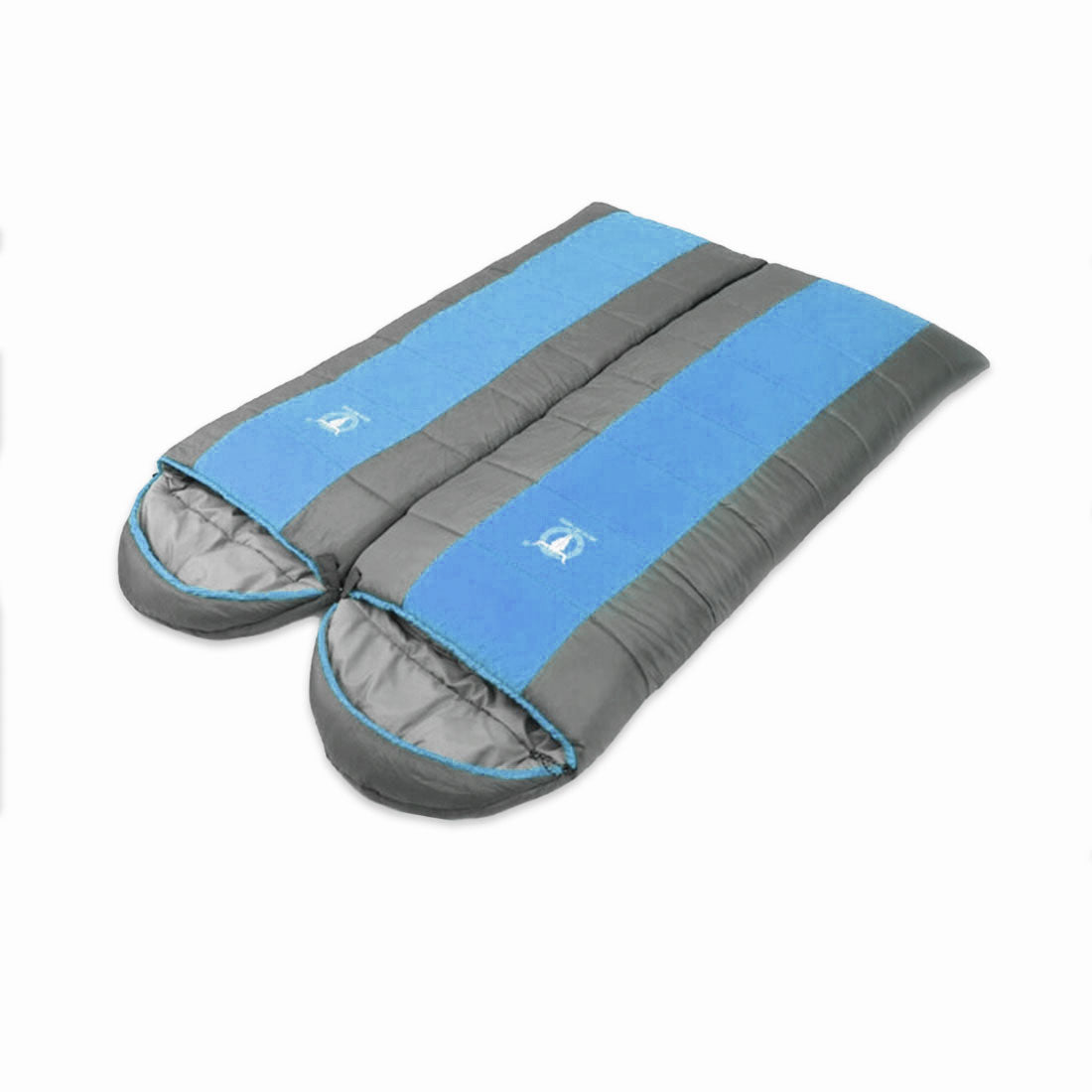Blue double camping envelope sleeping bag by Hlpmedical, designed for winter camping, thermal insulation for temperatures down to -15°C.