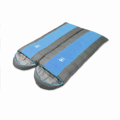 Blue double camping envelope sleeping bag by Hlpmedical, designed for winter camping, thermal insulation for temperatures down to -15°C.