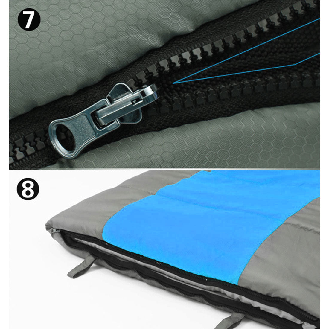 Blue double camping envelope sleeping bag by Hlpmedical, thermal design for winter camping and hiking in cold weather.