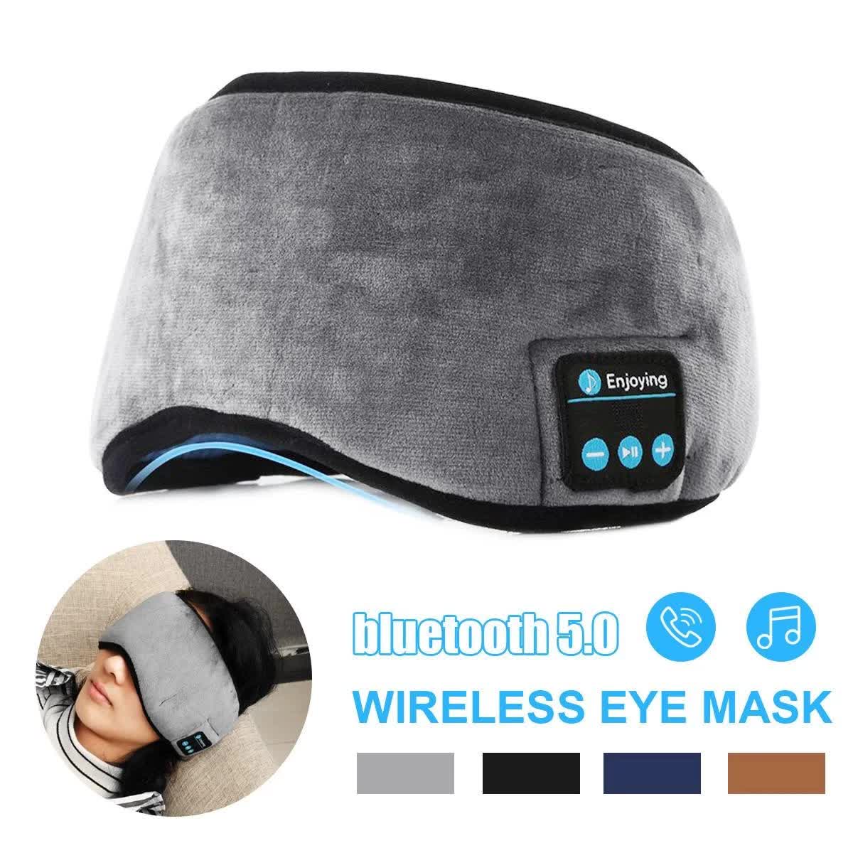 Grey Bluetooth 5.0 wireless sleep eye mask with plush cover and built-in speakers, designed for outdoor camping and relaxation.