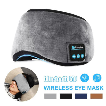 Grey Bluetooth 5.0 wireless sleep eye mask with plush cover and built-in speakers, designed for outdoor camping and relaxation.