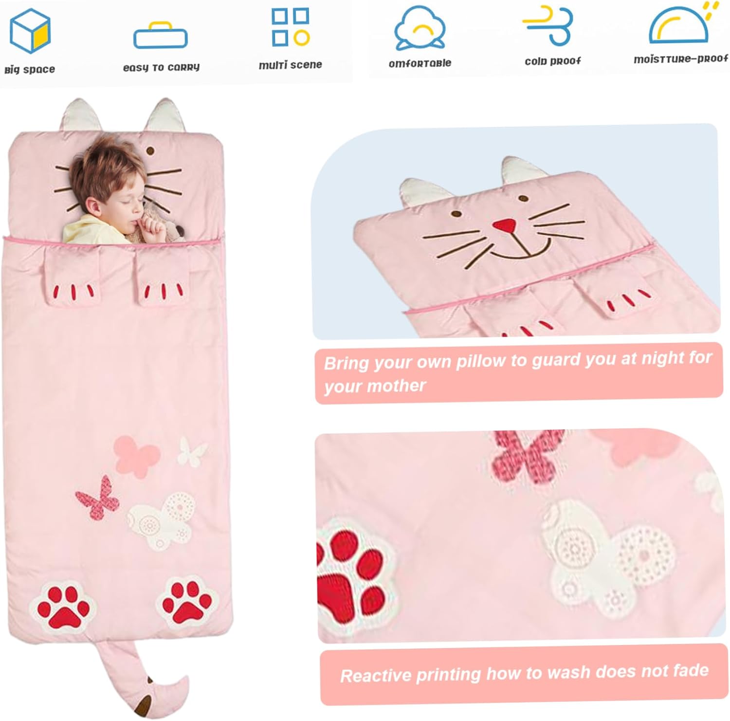 Children's sleeping bag with cozy cartoon design, suitable for boys and girls, ideal for camping and outdoor recreation by Hlpmedical.