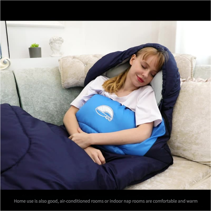 Lightweight adult camping sleeping bag by Hlpmedical with accessories, eye mask, earbuds, and square pillow for outdoor adventures.