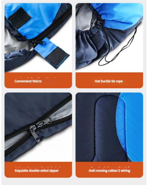 Lightweight adult sleeping bag by Hlpmedical for camping and hiking, with accessories, eye mask, earbuds, and square pillow.
