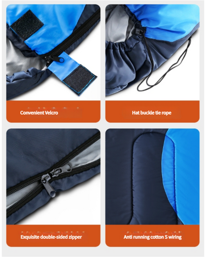 Lightweight adult sleeping bag by Hlpmedical for camping and hiking, with accessories, eye mask, earbuds, and square pillow.