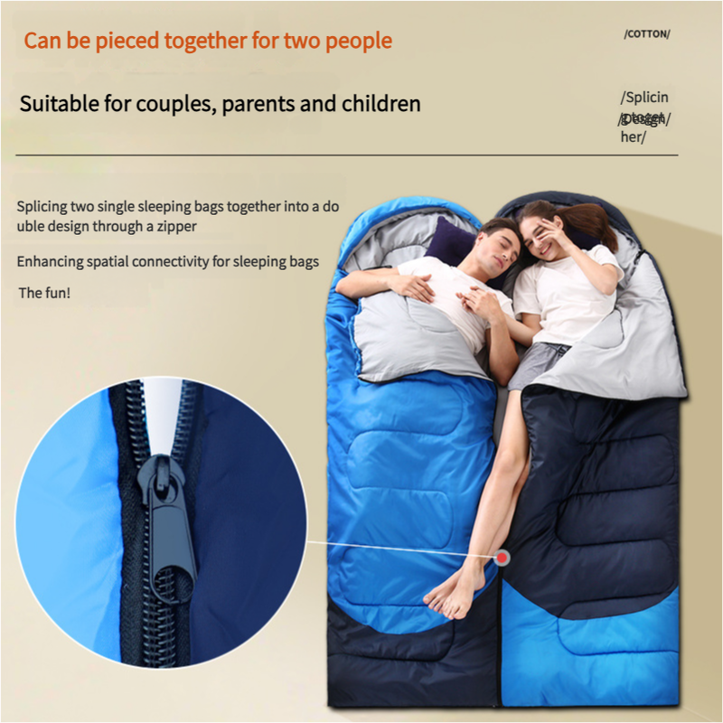 Lightweight Hlpmedical sleeping bag for adults with accessories, eye mask, earbuds, and square pillow for camping and hiking.