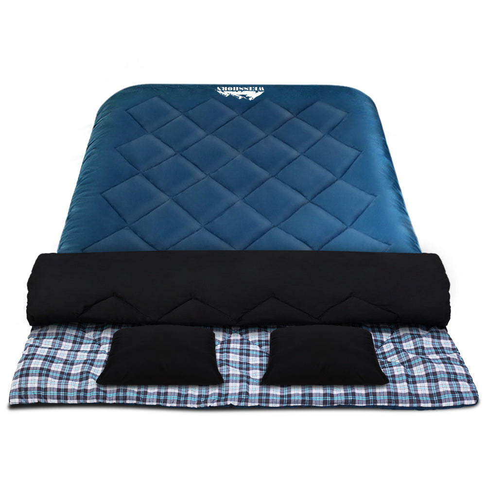 Blue Weisshorn double sleeping bag with pillow, thermal outdoor camping gear by Hlpmedical, suitable for -10°C hiking and camping.