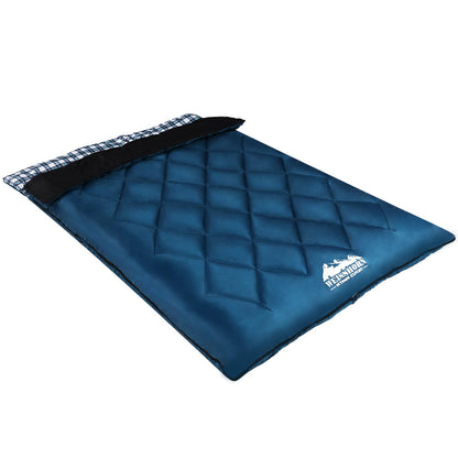 Blue Weisshorn double sleeping bag with pillow, suitable for camping and hiking, designed for temperatures down to -10°C.