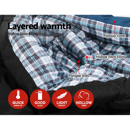 Blue Weisshorn double sleeping bag with pillow for camping, suitable for -10°C, designed for outdoor hiking and camping comfort.