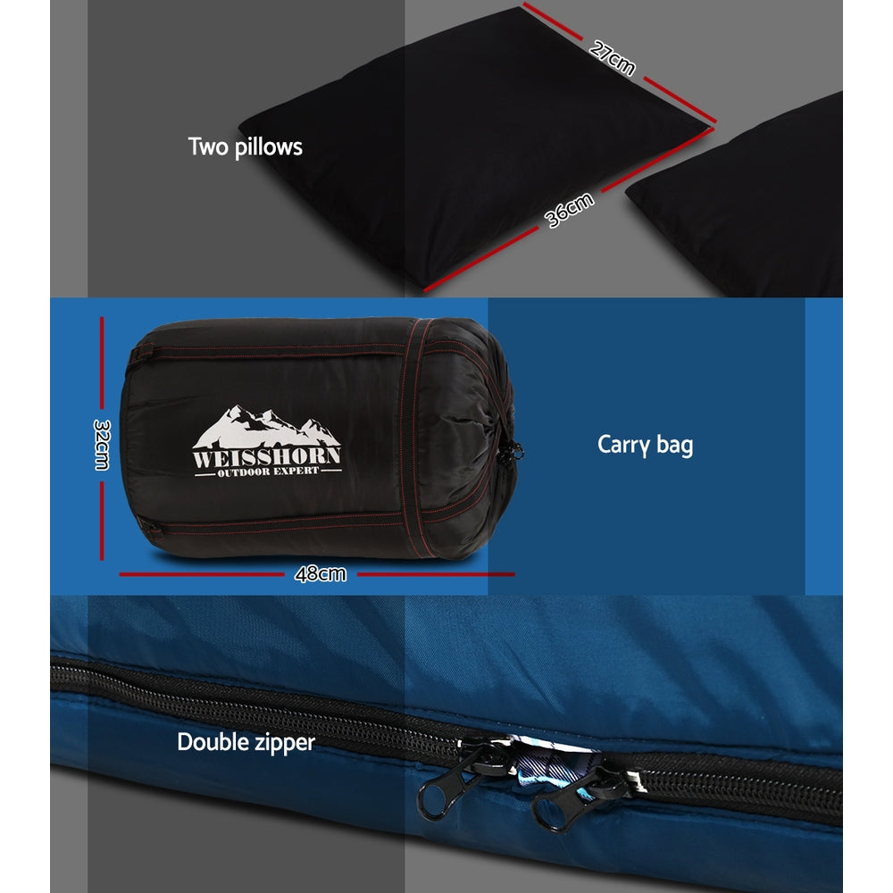 Blue Weisshorn double sleeping bag with pillow, thermal camping gear for hiking, suitable for -10°C outdoor sleeping comfort