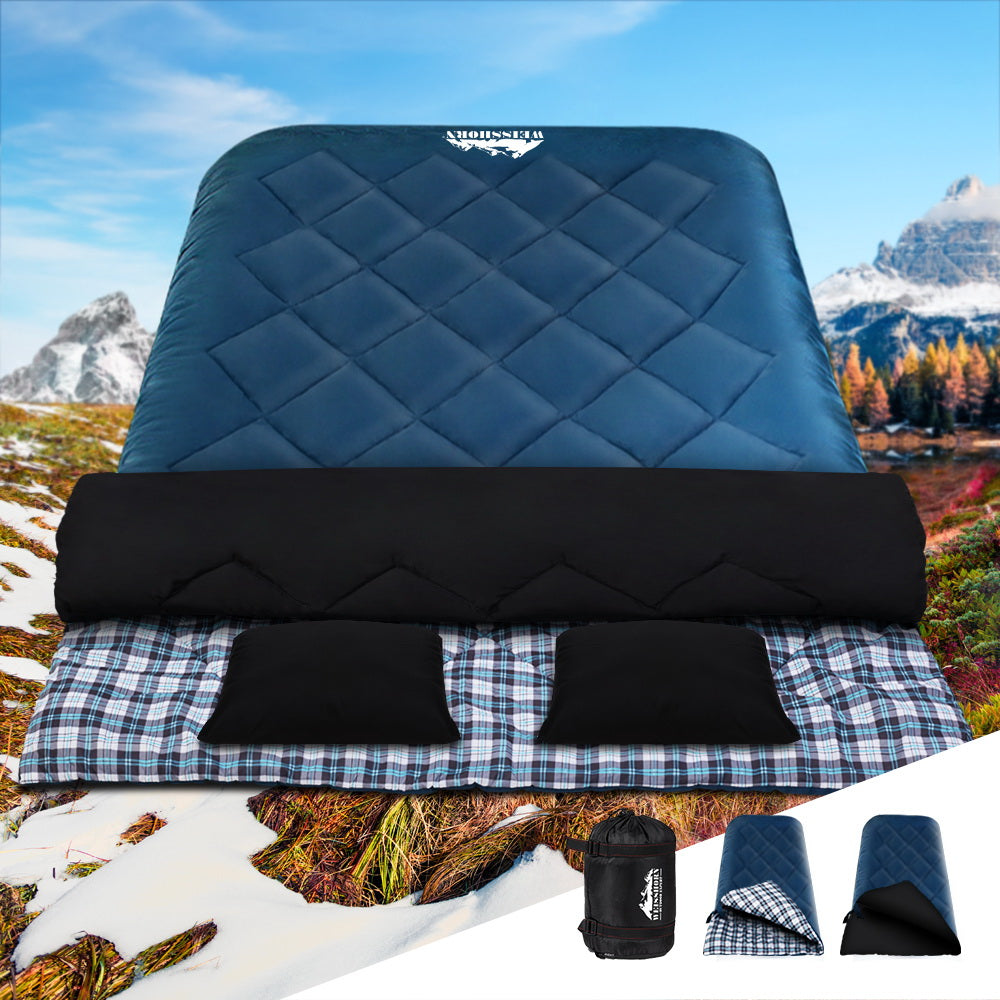 Blue Weisshorn double sleeping bag with pillow, thermal camping sleeping bag suitable for -10°C, ideal for outdoor hiking and tents.