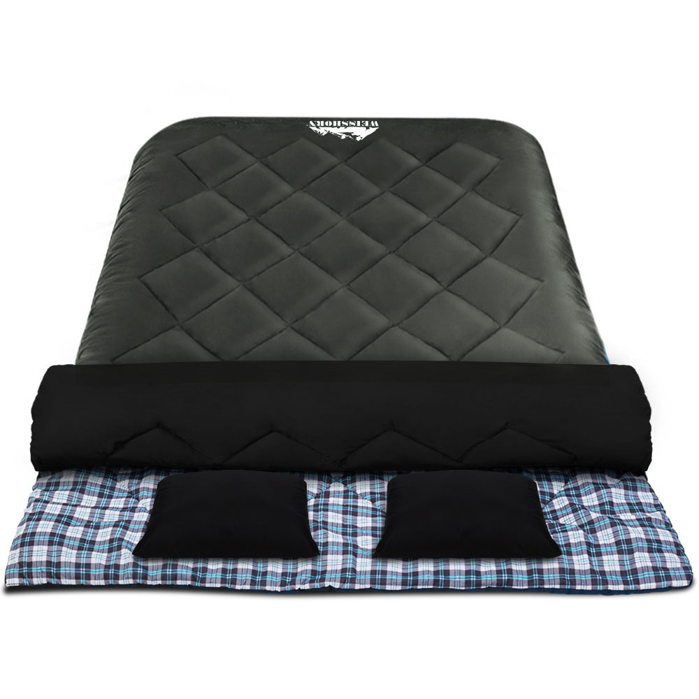 Grey Weisshorn double sleeping bag with pillow for camping and hiking, designed for thermal comfort in cold weather up to -10°C.
